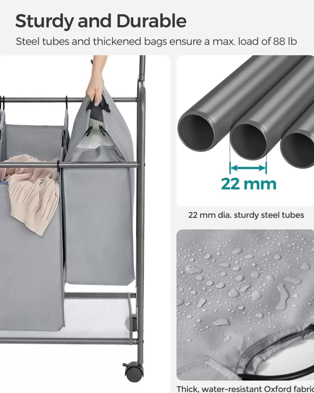 Online SONGMICS Wäschekorb 4 x 50 Liter auf Rollen mit Wäschesack abnehmbar schwarz