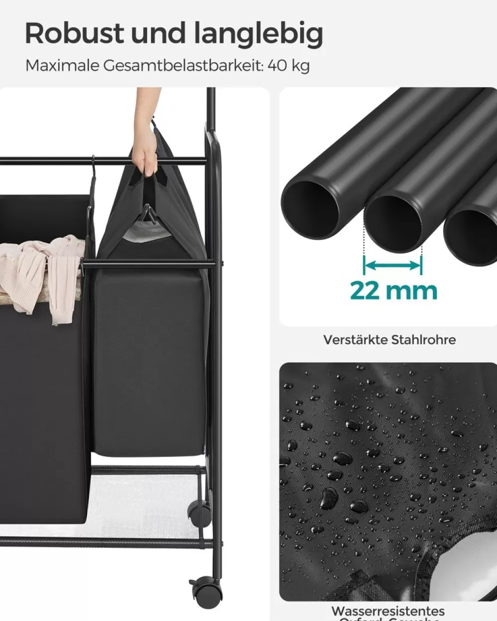 Online SONGMICS Wäschekorb 4 x 50 Liter auf Rollen mit Wäschesack abnehmbar schwarz