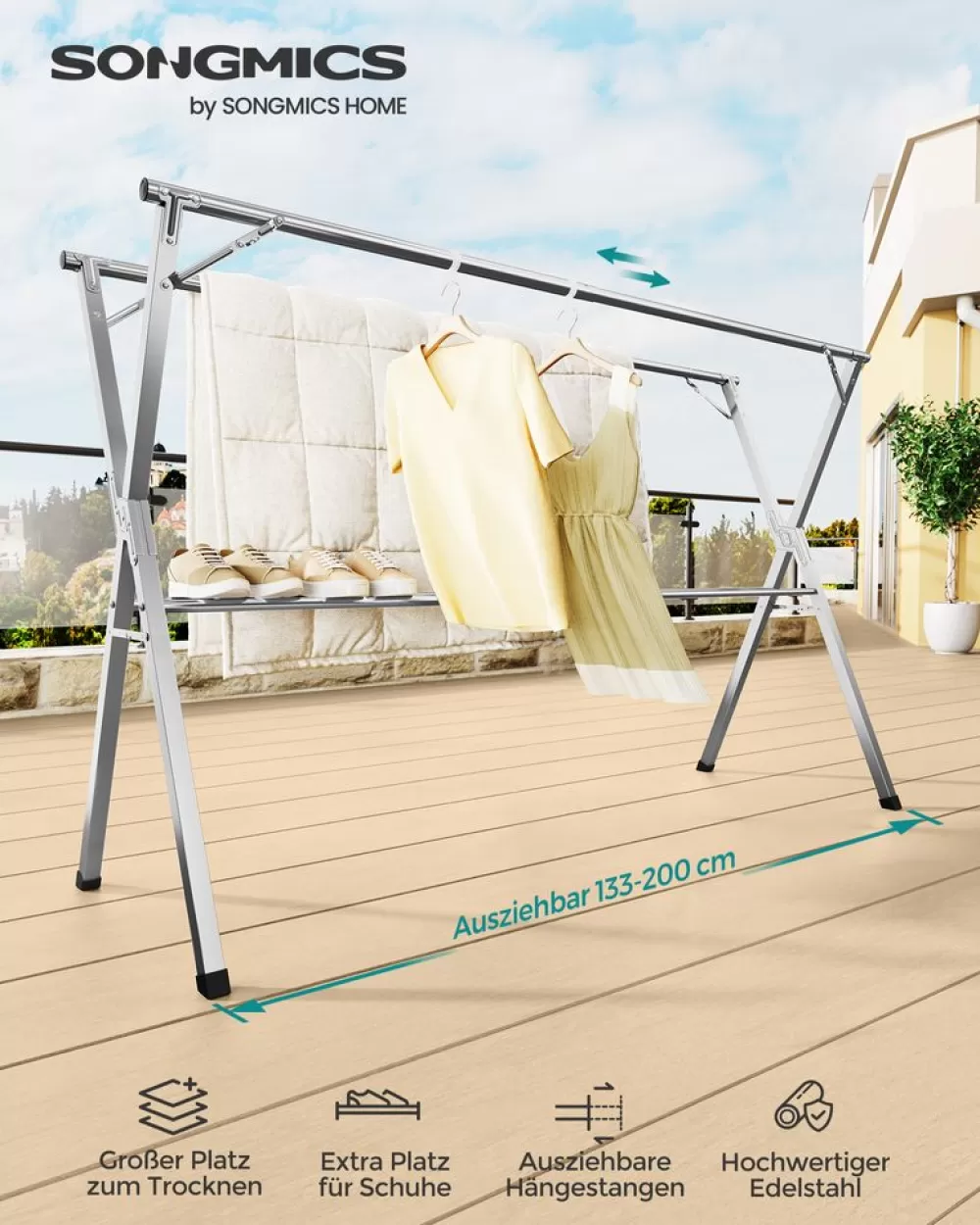 Cheap SONGMICS Wäscheständer 133-200 cm ausziehbar und freistehend